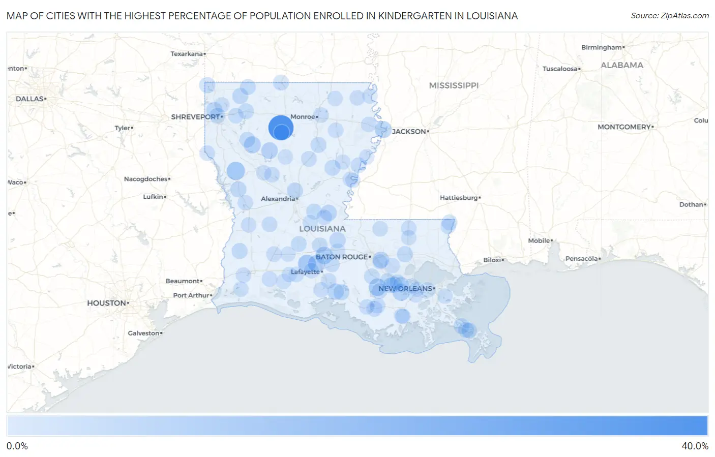 Cities with the Highest Percentage of Population Enrolled in Kindergarten in Louisiana Map