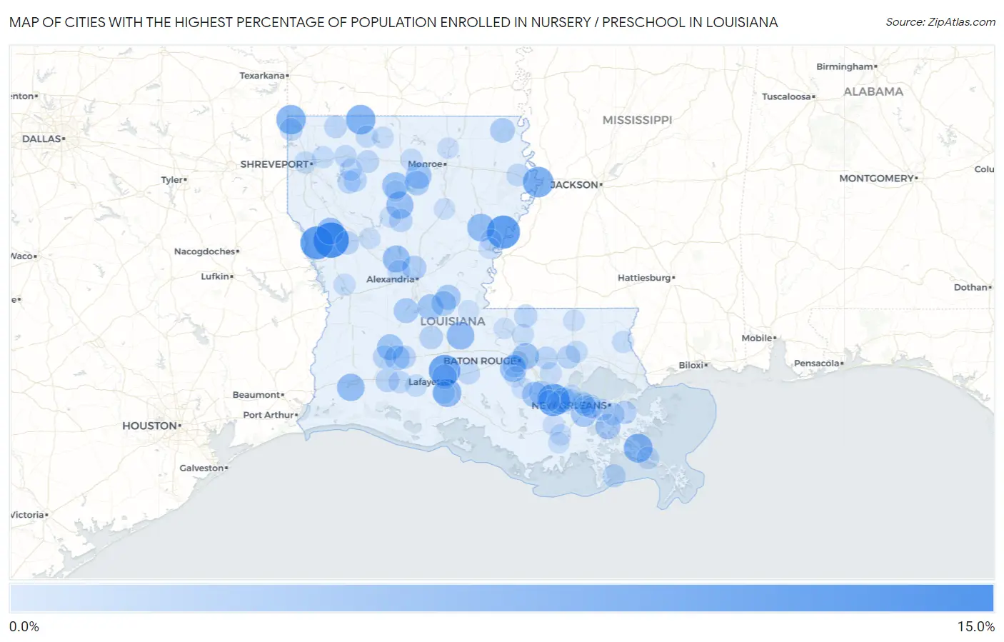 Cities with the Highest Percentage of Population Enrolled in Nursery / Preschool in Louisiana Map