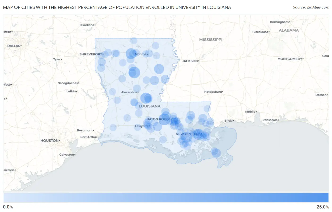 Cities with the Highest Percentage of Population Enrolled in University in Louisiana Map