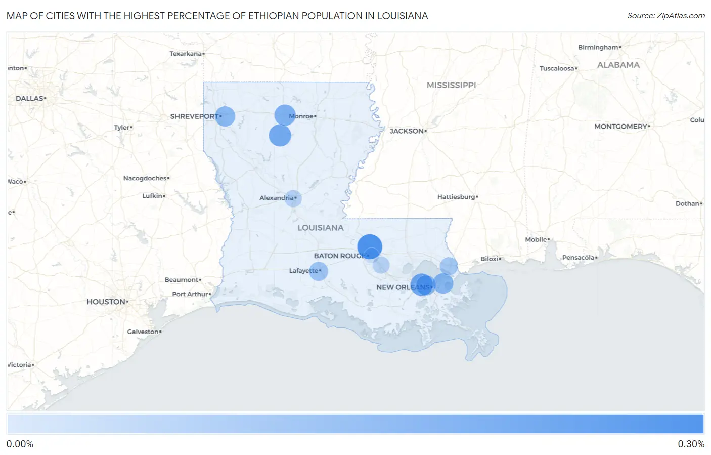 Cities with the Highest Percentage of Ethiopian Population in Louisiana Map
