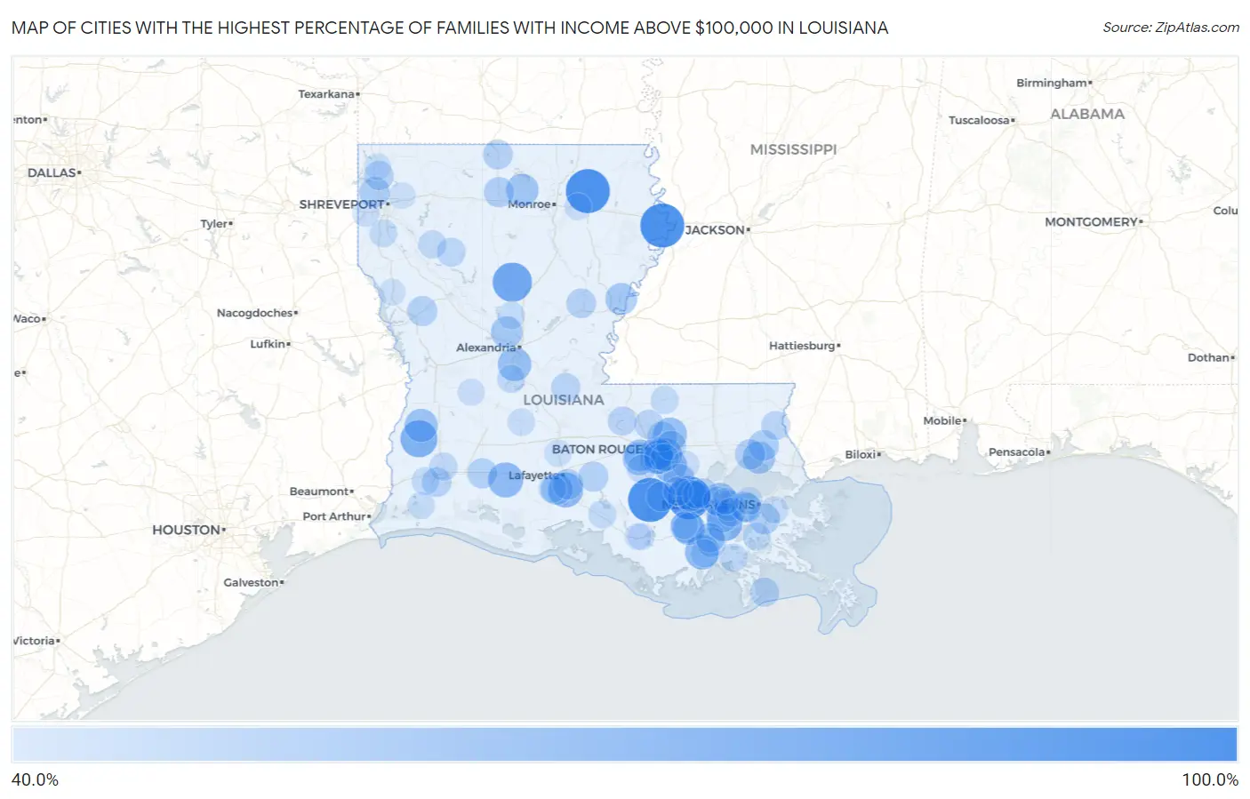 Cities with the Highest Percentage of Families with Income Above $100,000 in Louisiana Map