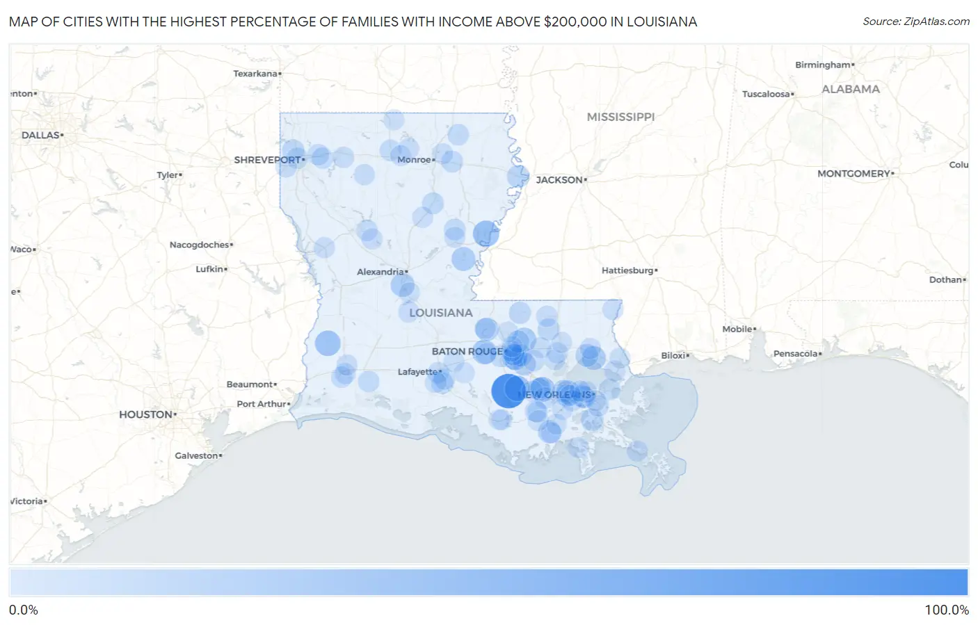 Cities with the Highest Percentage of Families with Income Above $200,000 in Louisiana Map