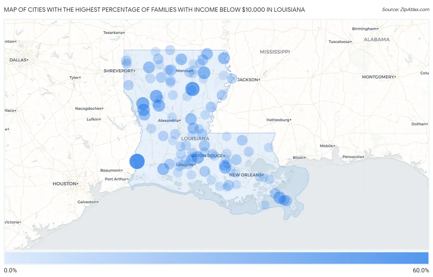 Cities with the Highest Percentage of Families with Income Below $10,000 in Louisiana Map