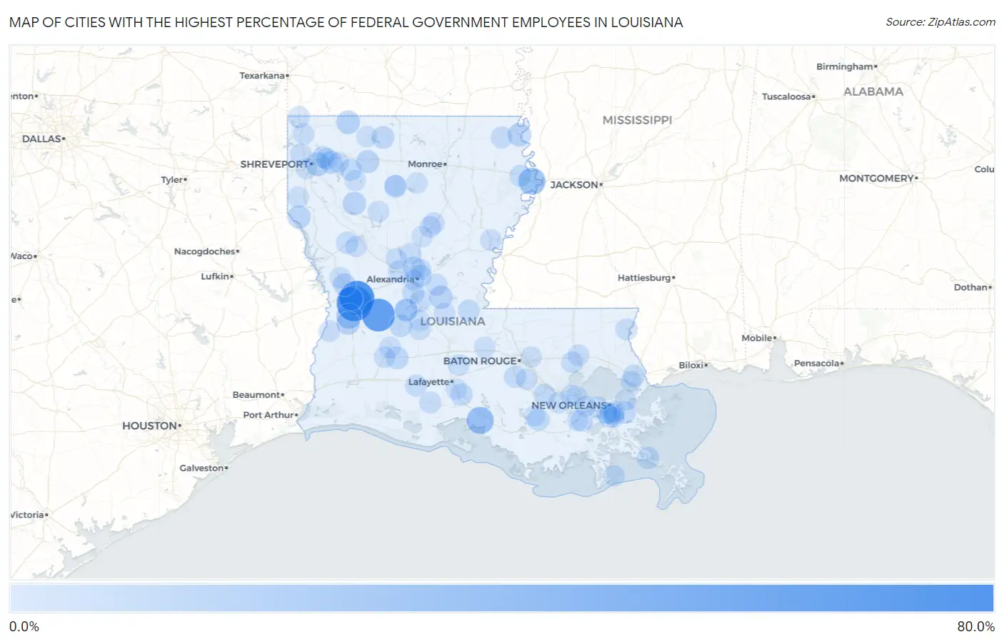 Cities with the Highest Percentage of Federal Government Employees in Louisiana Map