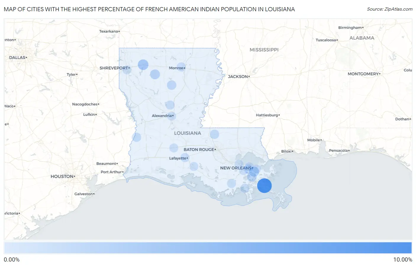 Cities with the Highest Percentage of French American Indian Population in Louisiana Map