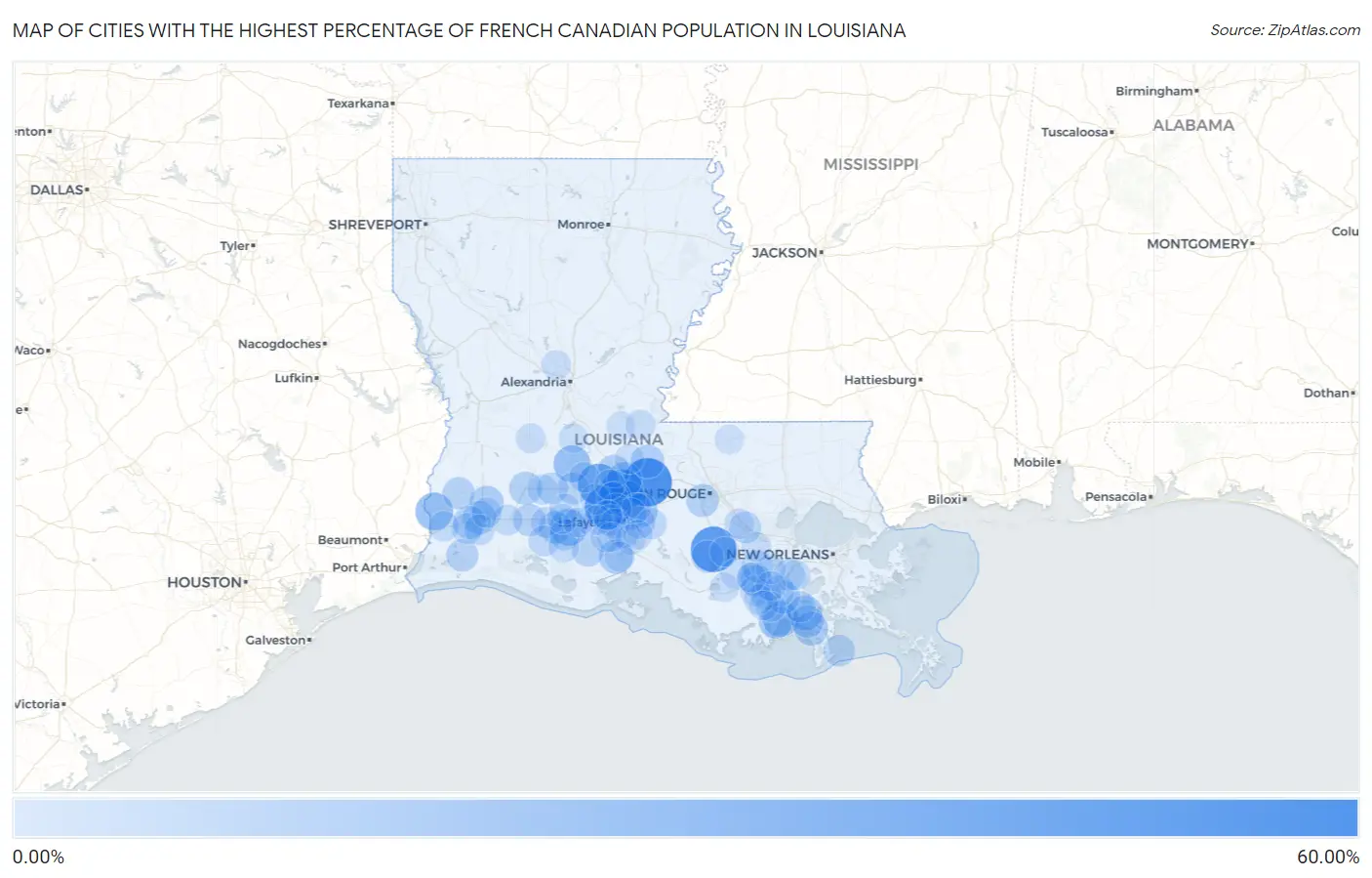 Cities with the Highest Percentage of French Canadian Population in Louisiana Map
