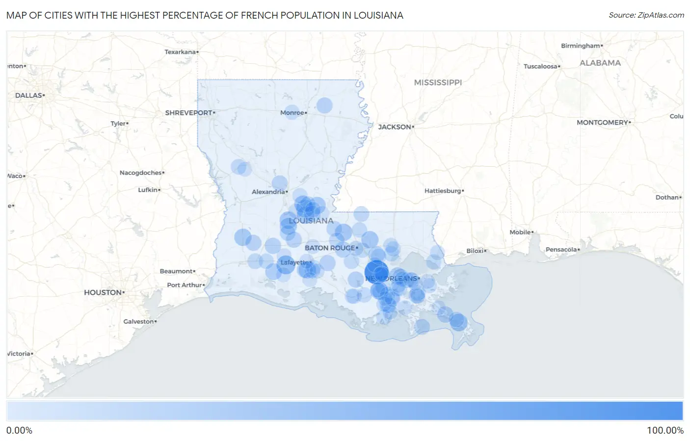 Cities with the Highest Percentage of French Population in Louisiana Map