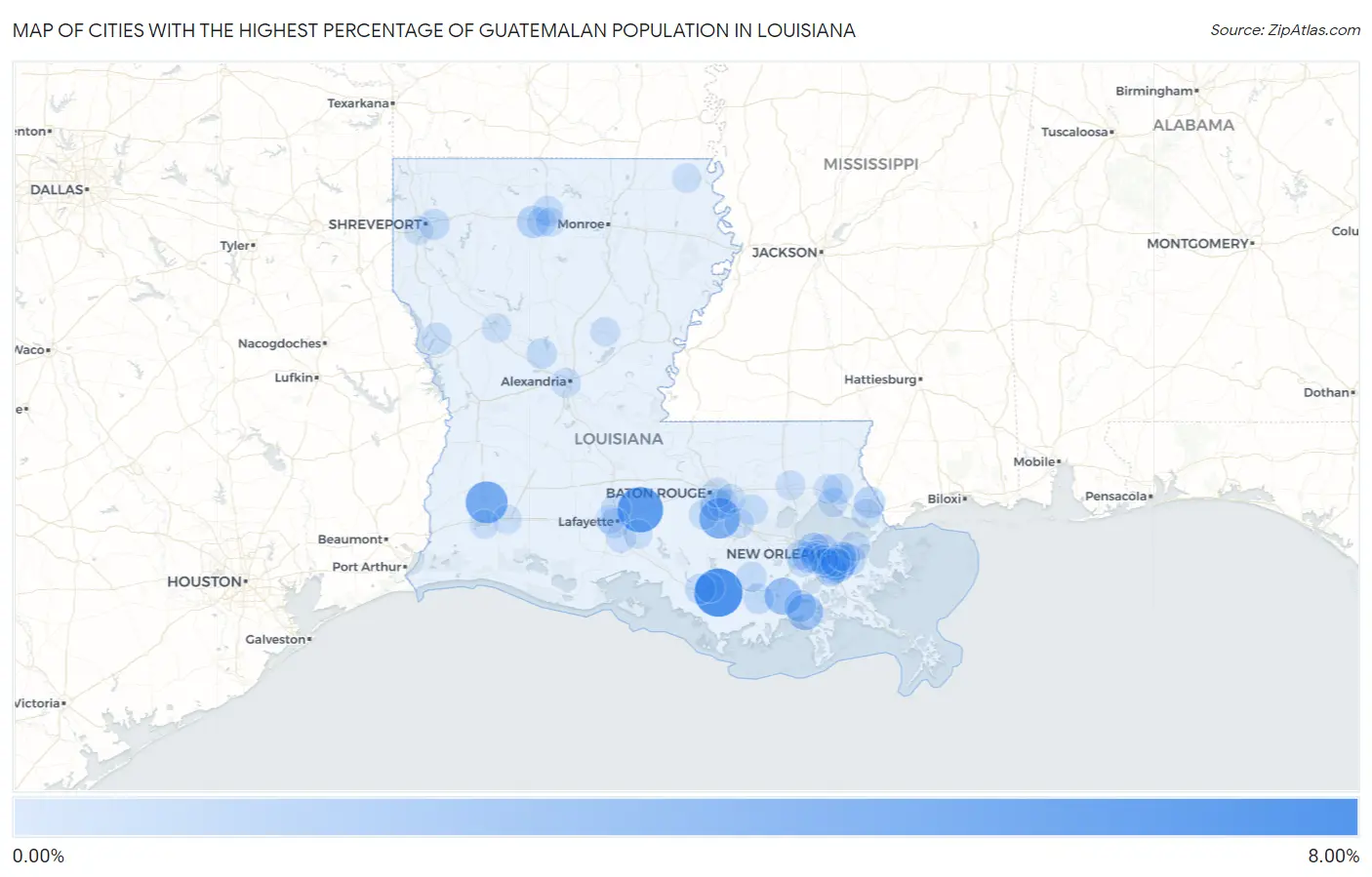 Cities with the Highest Percentage of Guatemalan Population in Louisiana Map