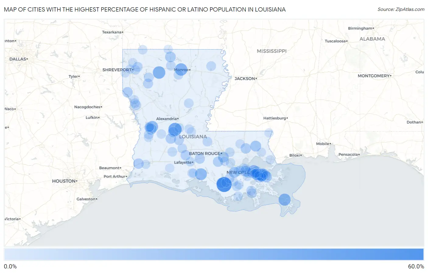 Cities with the Highest Percentage of Hispanic or Latino Population in Louisiana Map