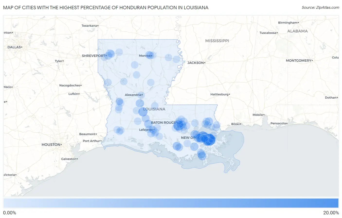 Cities with the Highest Percentage of Honduran Population in Louisiana Map