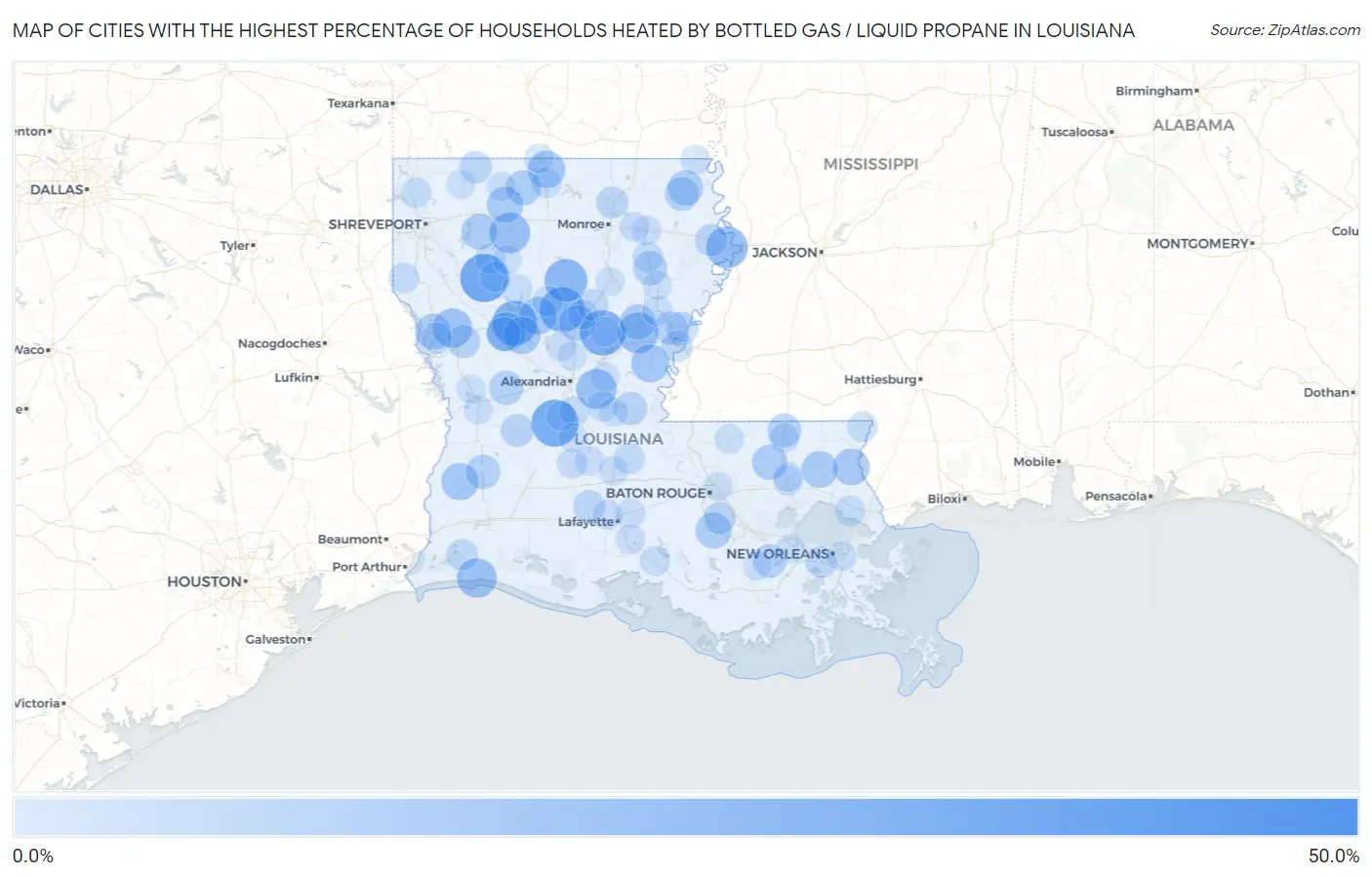 Cities with the Highest Percentage of Households Heated by Bottled Gas / Liquid Propane in Louisiana Map