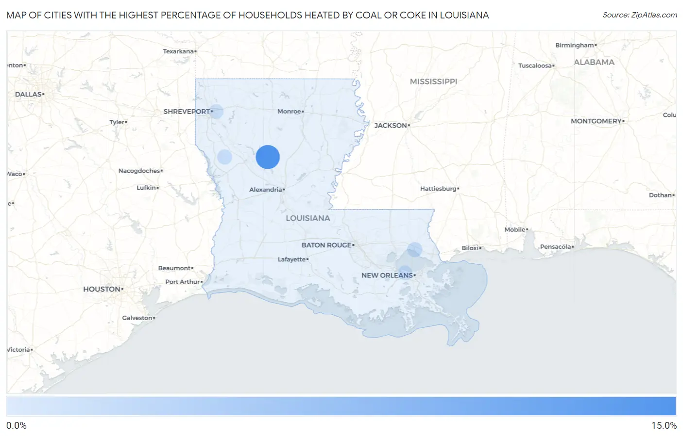Cities with the Highest Percentage of Households Heated by Coal or Coke in Louisiana Map
