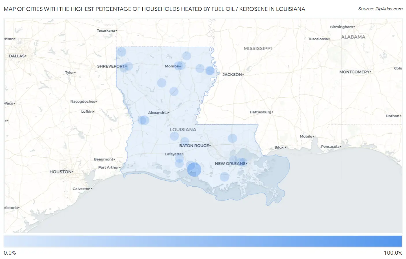 Cities with the Highest Percentage of Households Heated by Fuel Oil / Kerosene in Louisiana Map