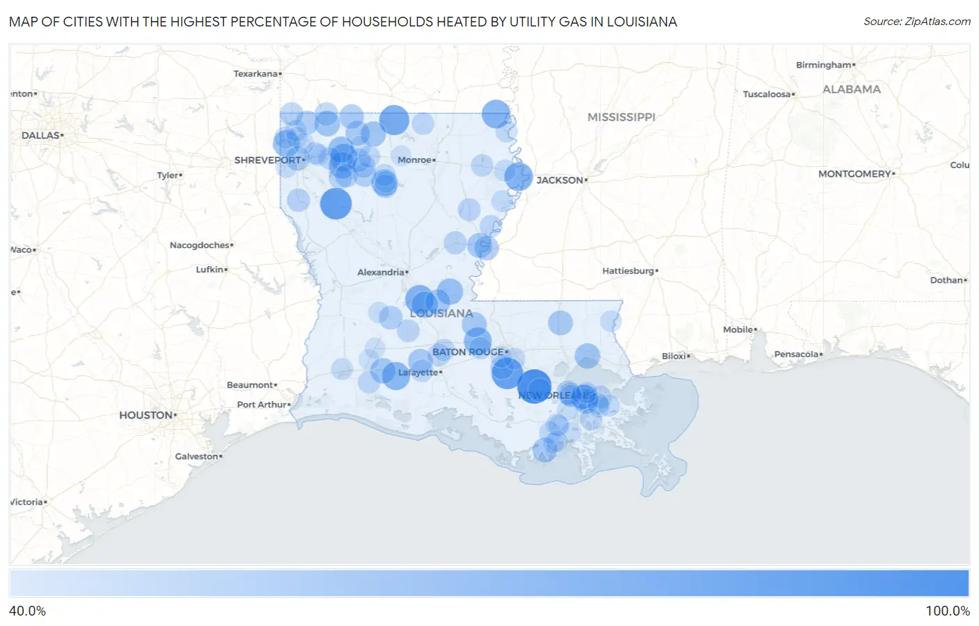 Cities with the Highest Percentage of Households Heated by Utility Gas in Louisiana Map