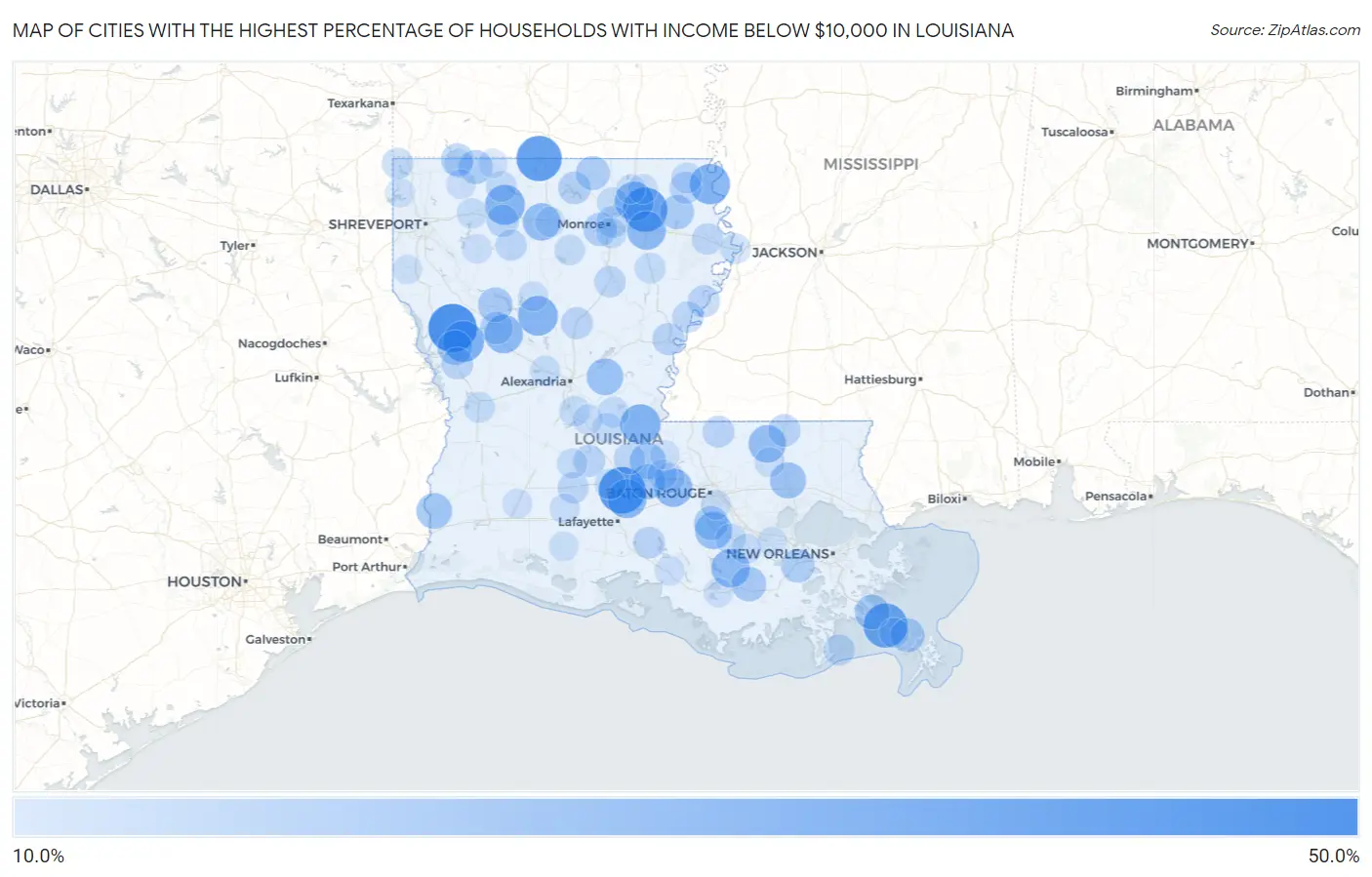 Cities with the Highest Percentage of Households with Income Below $10,000 in Louisiana Map