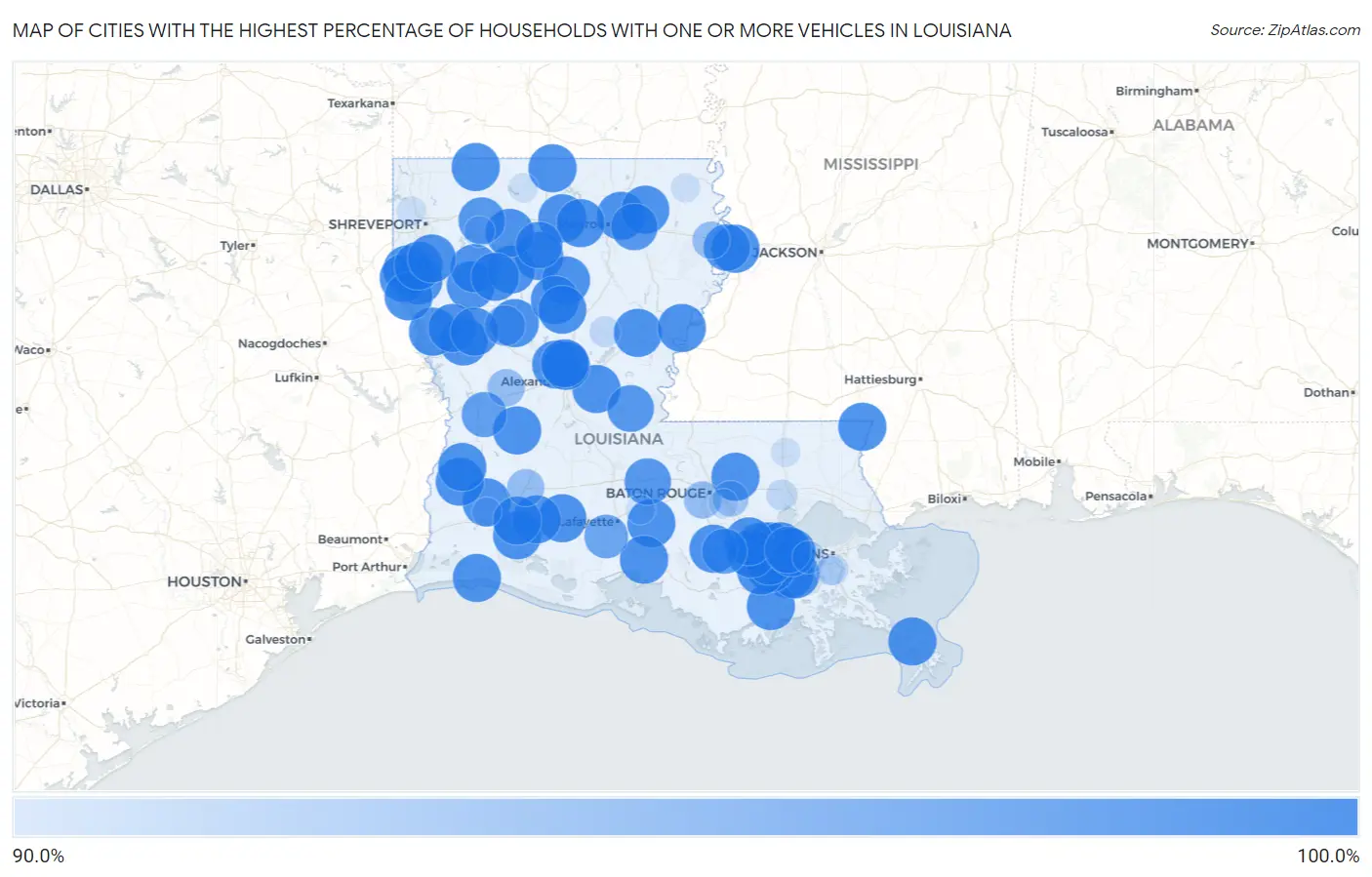 Cities with the Highest Percentage of Households With One or more Vehicles in Louisiana Map
