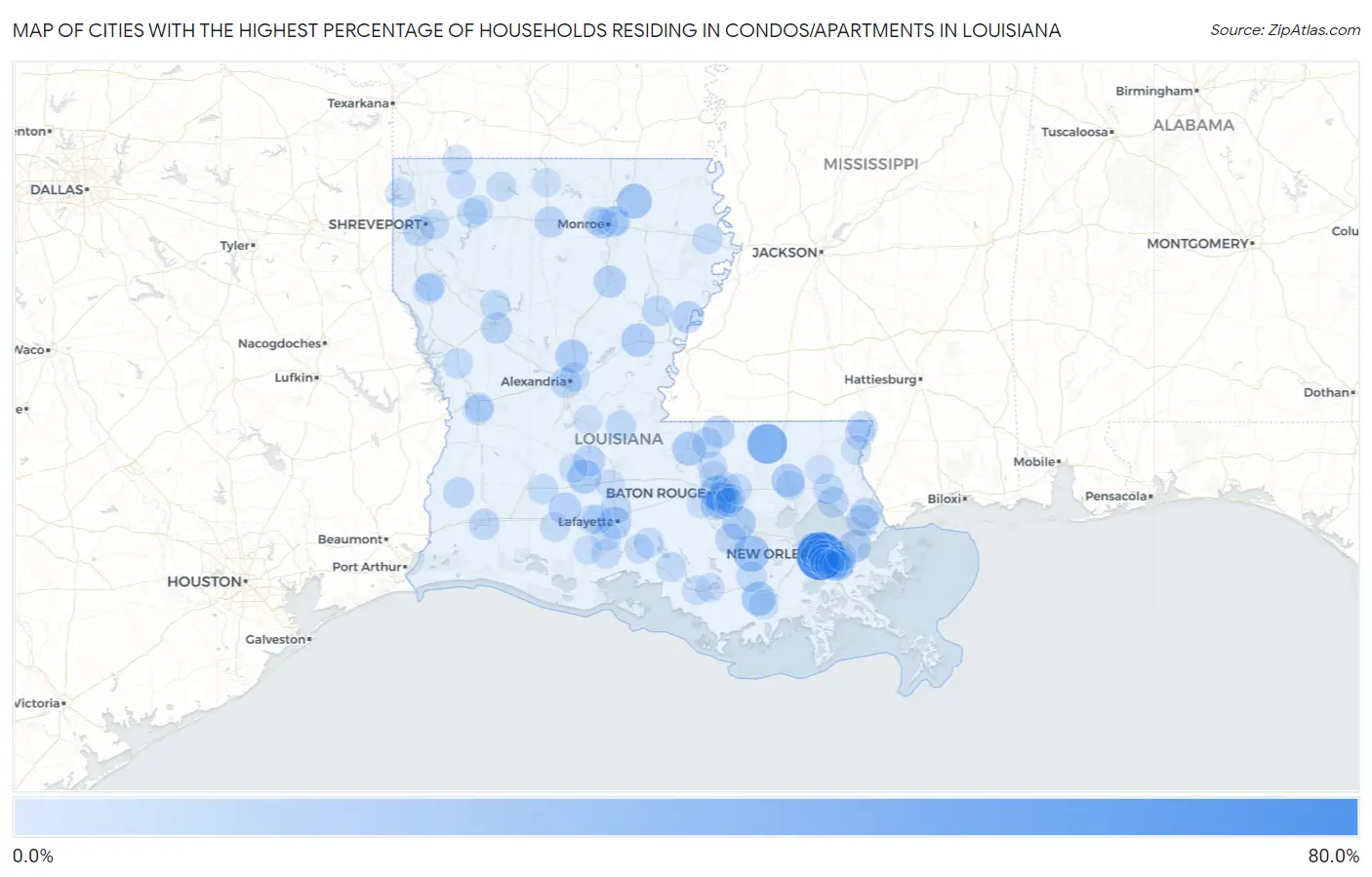 Cities with the Highest Percentage of Households Residing in Condos/Apartments in Louisiana Map