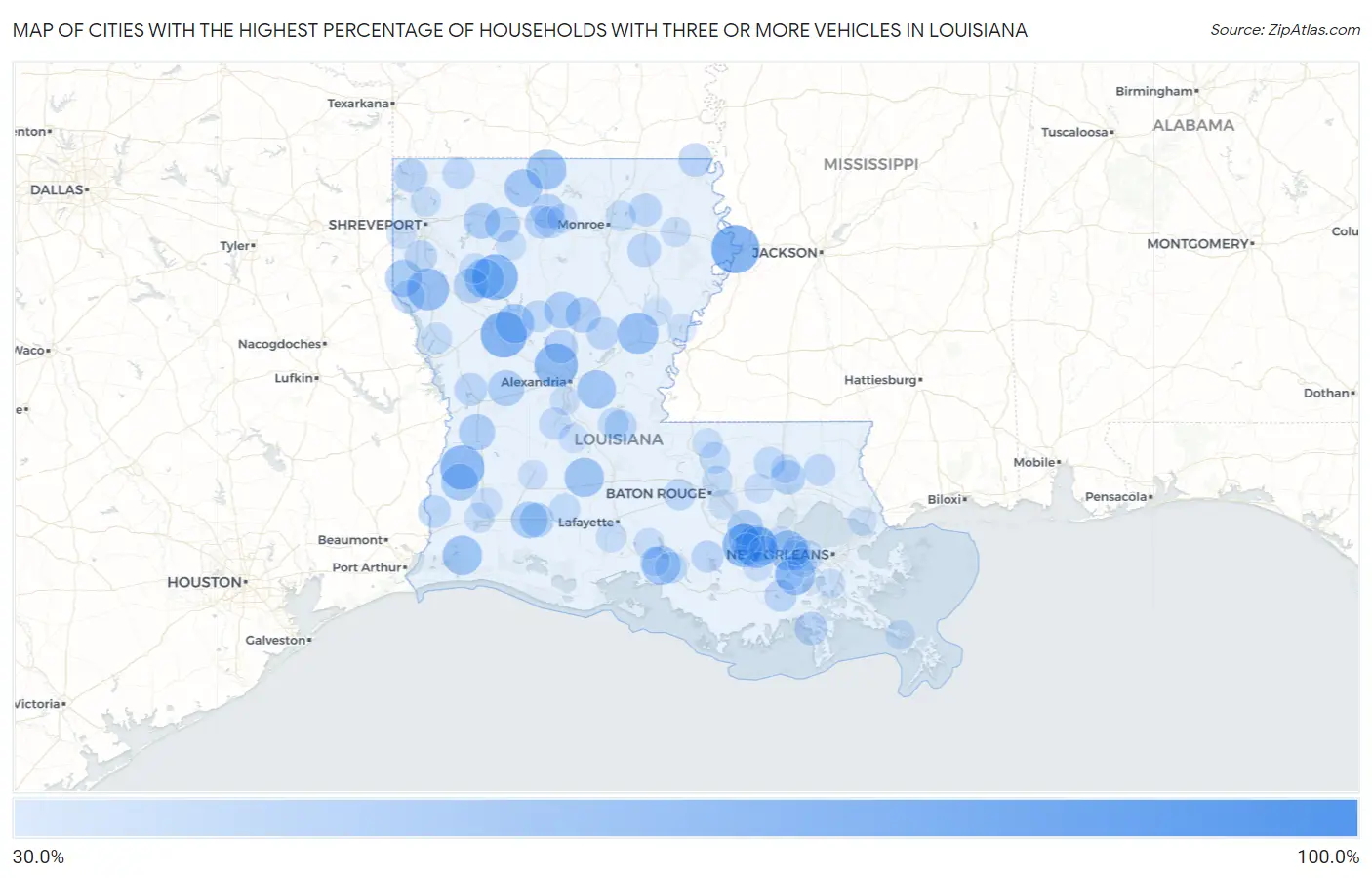 Cities with the Highest Percentage of Households With Three or more Vehicles in Louisiana Map
