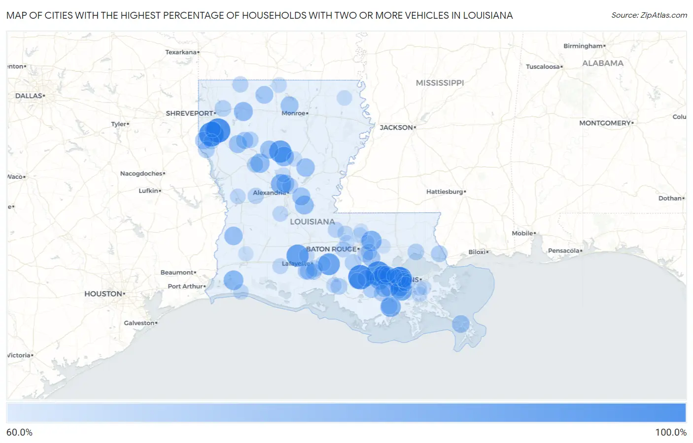 Cities with the Highest Percentage of Households With Two or more Vehicles in Louisiana Map