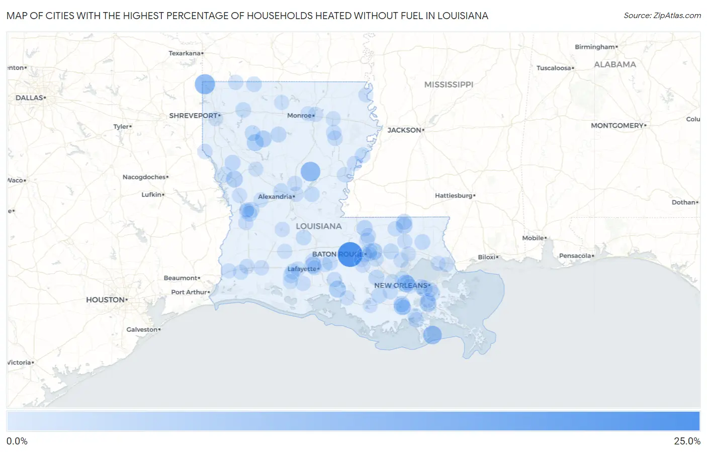 Cities with the Highest Percentage of Households Heated without Fuel in Louisiana Map