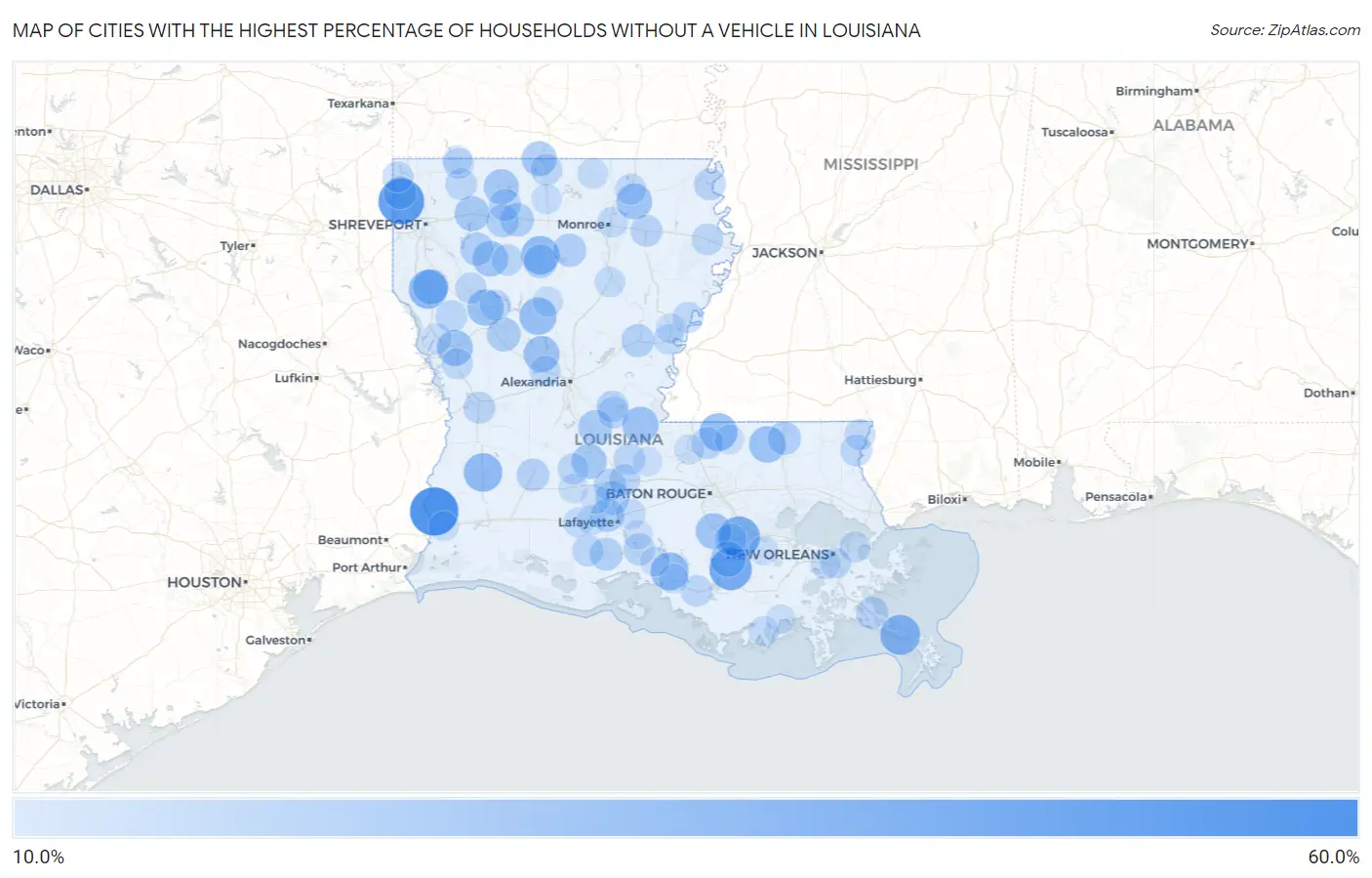 Cities with the Highest Percentage of Households Without a Vehicle in Louisiana Map