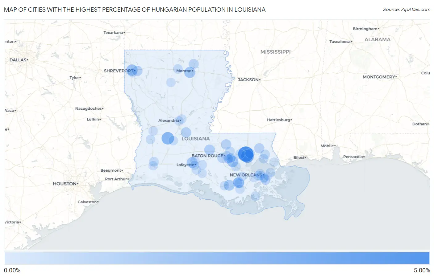 Cities with the Highest Percentage of Hungarian Population in Louisiana Map