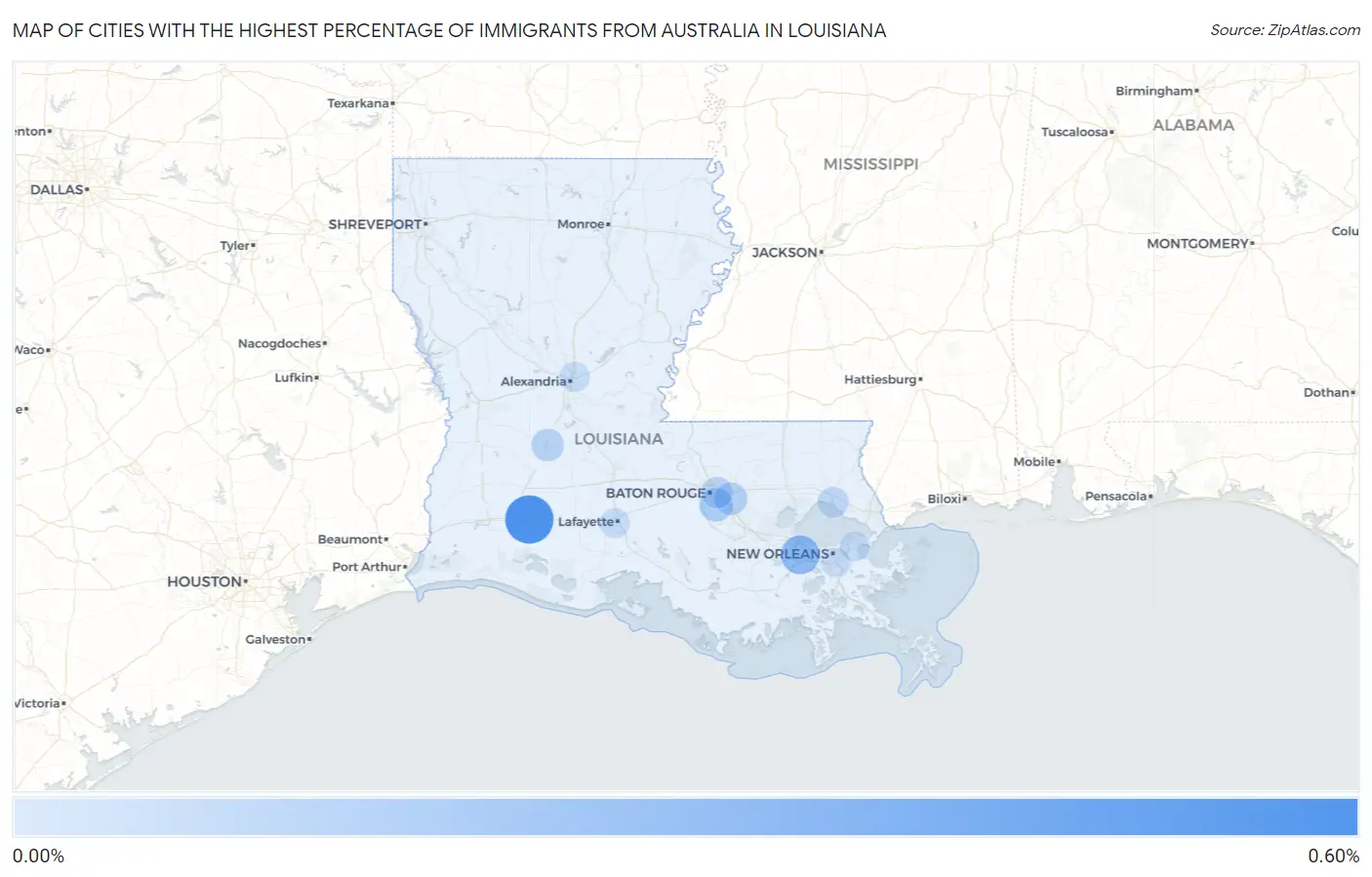 Cities with the Highest Percentage of Immigrants from Australia in Louisiana Map
