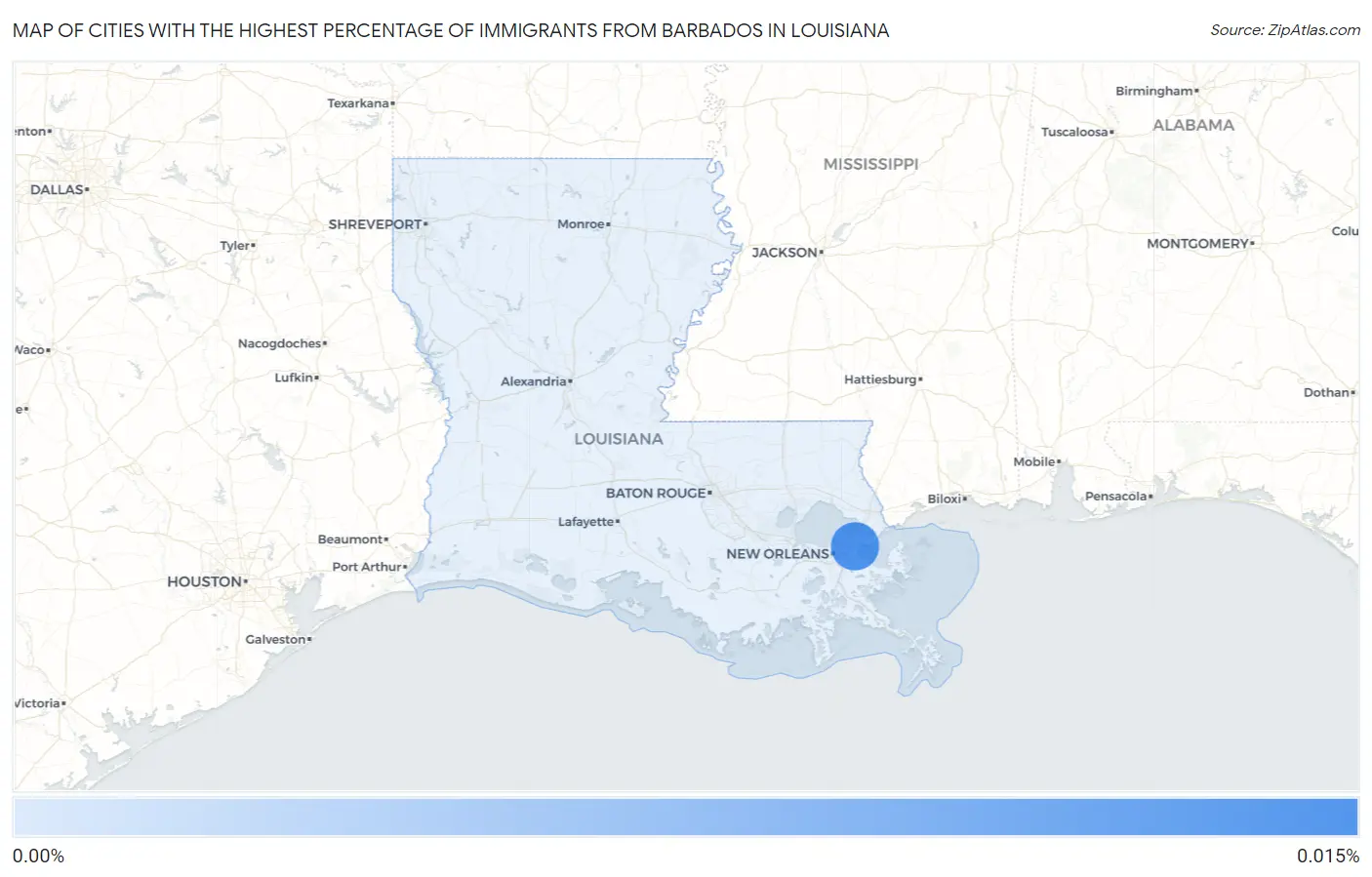 Cities with the Highest Percentage of Immigrants from Barbados in Louisiana Map