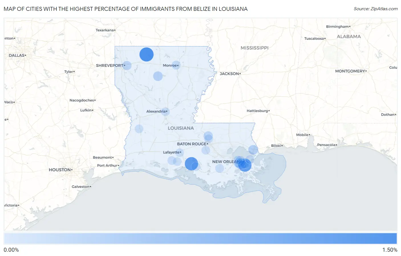 Cities with the Highest Percentage of Immigrants from Belize in Louisiana Map