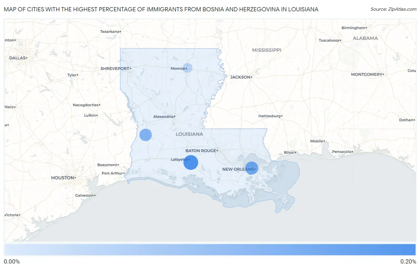 Cities with the Highest Percentage of Immigrants from Bosnia and Herzegovina in Louisiana Map