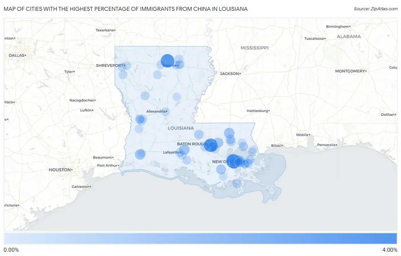 Cities with the Highest Percentage of Immigrants from China in Louisiana Map