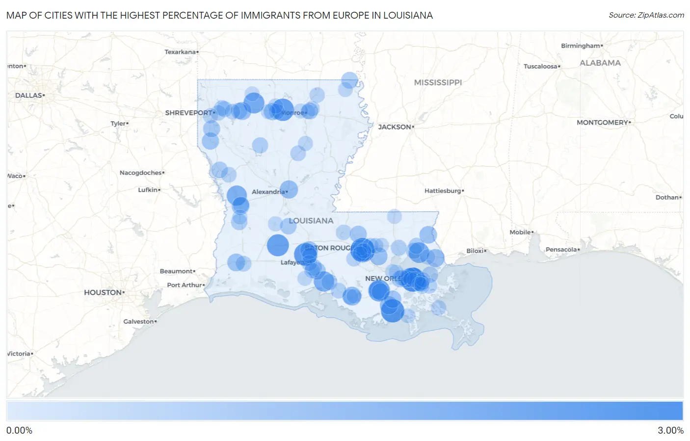 Cities with the Highest Percentage of Immigrants from Europe in Louisiana Map