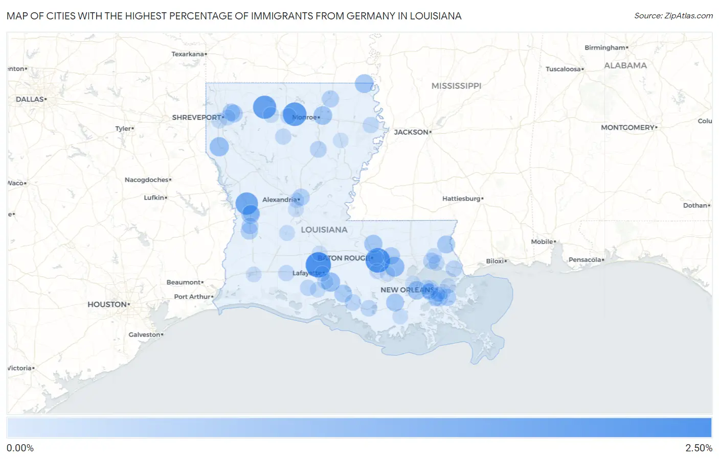 Cities with the Highest Percentage of Immigrants from Germany in Louisiana Map