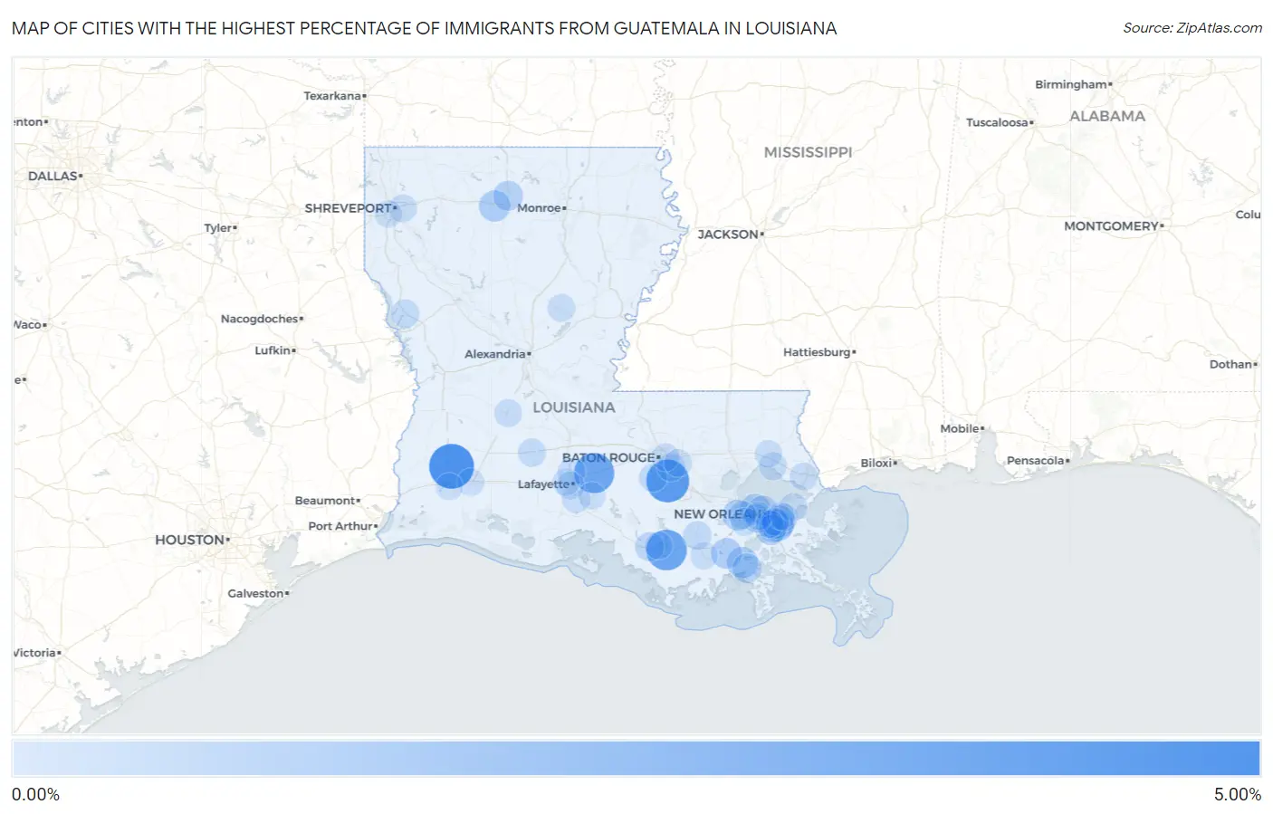 Cities with the Highest Percentage of Immigrants from Guatemala in Louisiana Map