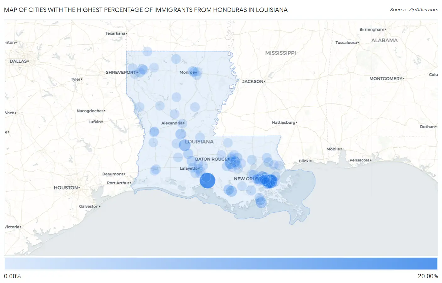 Cities with the Highest Percentage of Immigrants from Honduras in Louisiana Map