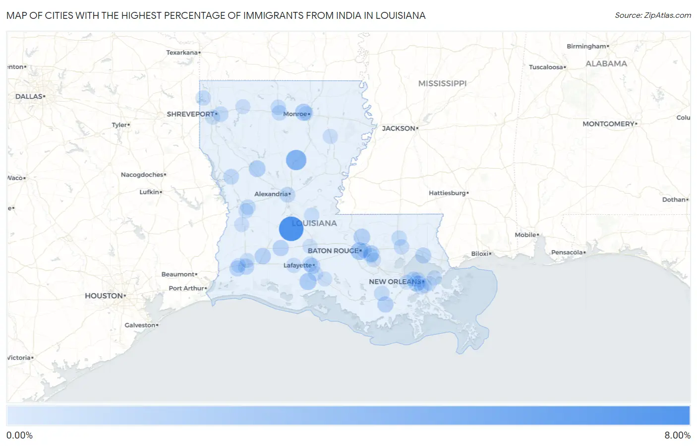 Cities with the Highest Percentage of Immigrants from India in Louisiana Map