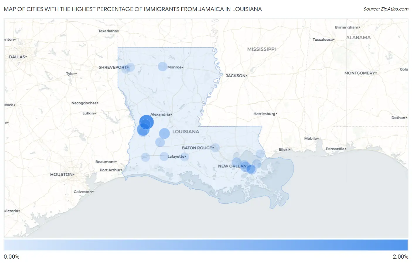 Cities with the Highest Percentage of Immigrants from Jamaica in Louisiana Map