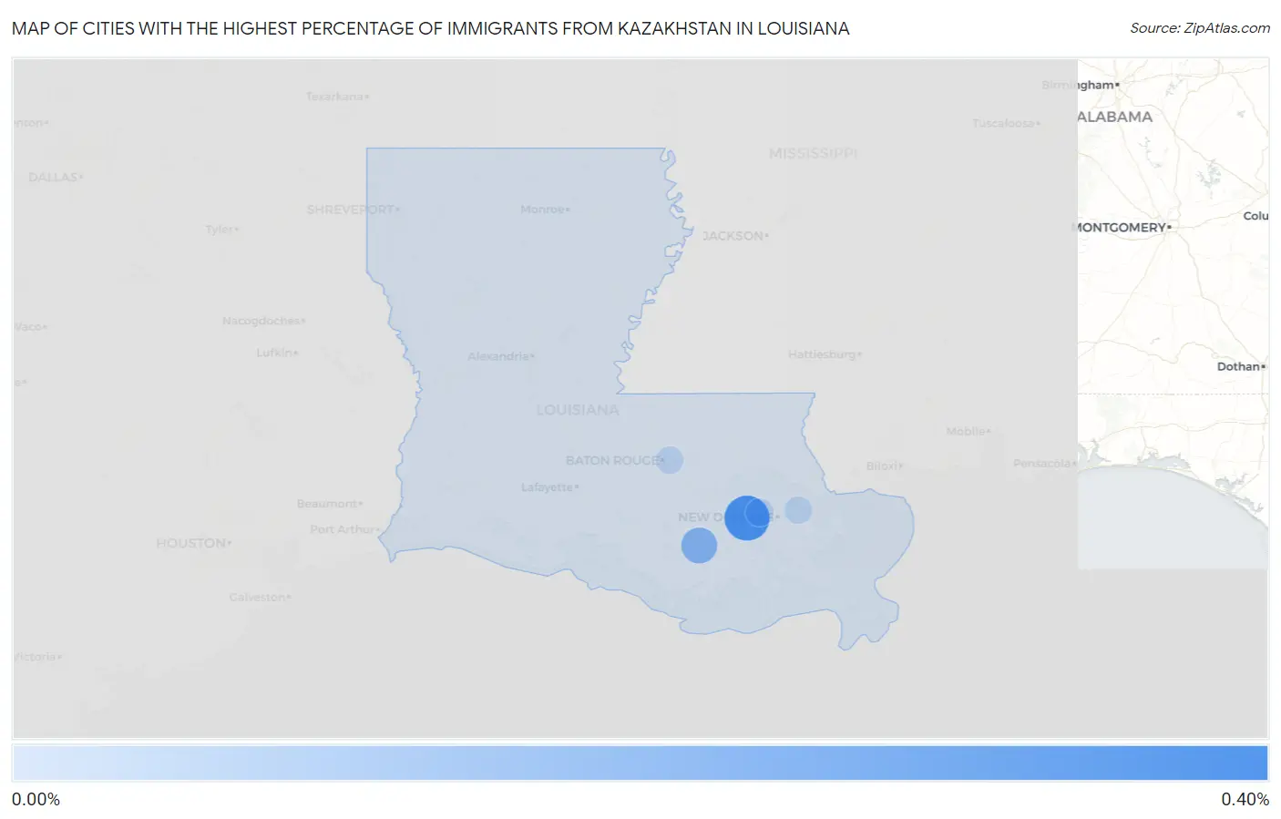 Cities with the Highest Percentage of Immigrants from Kazakhstan in Louisiana Map