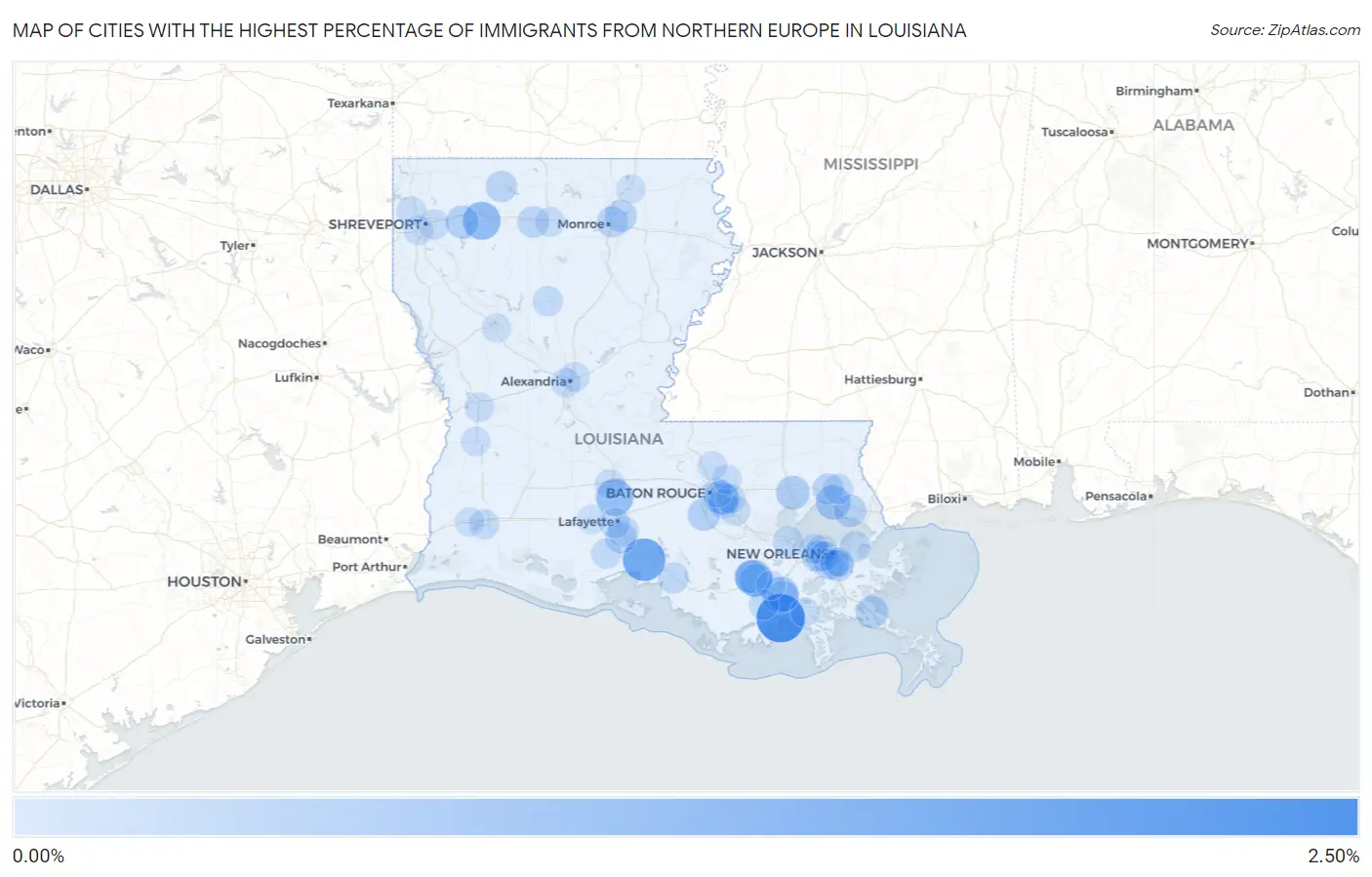 Cities with the Highest Percentage of Immigrants from Northern Europe in Louisiana Map
