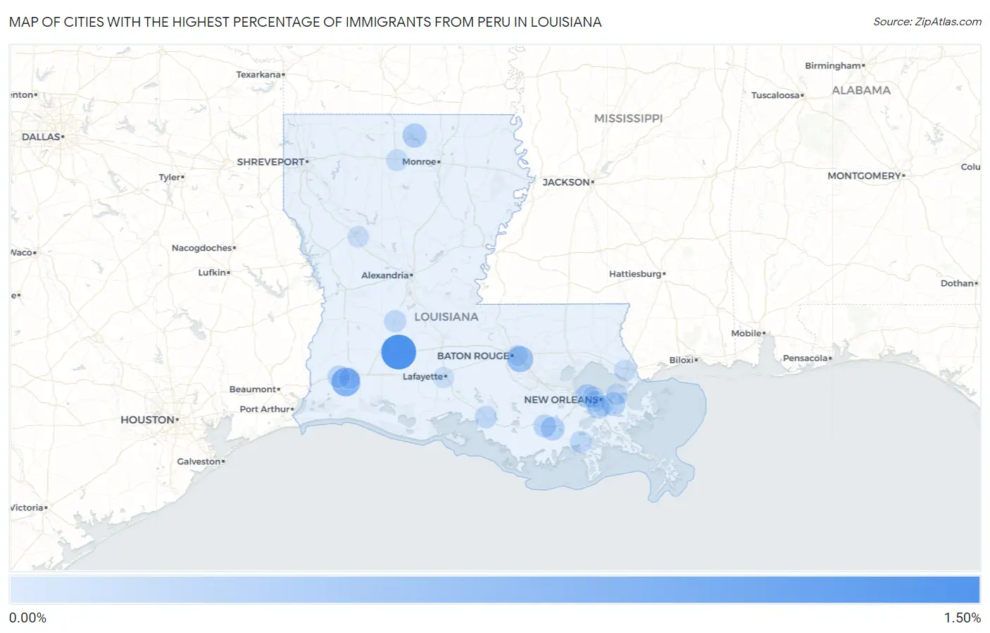 Cities with the Highest Percentage of Immigrants from Peru in Louisiana Map