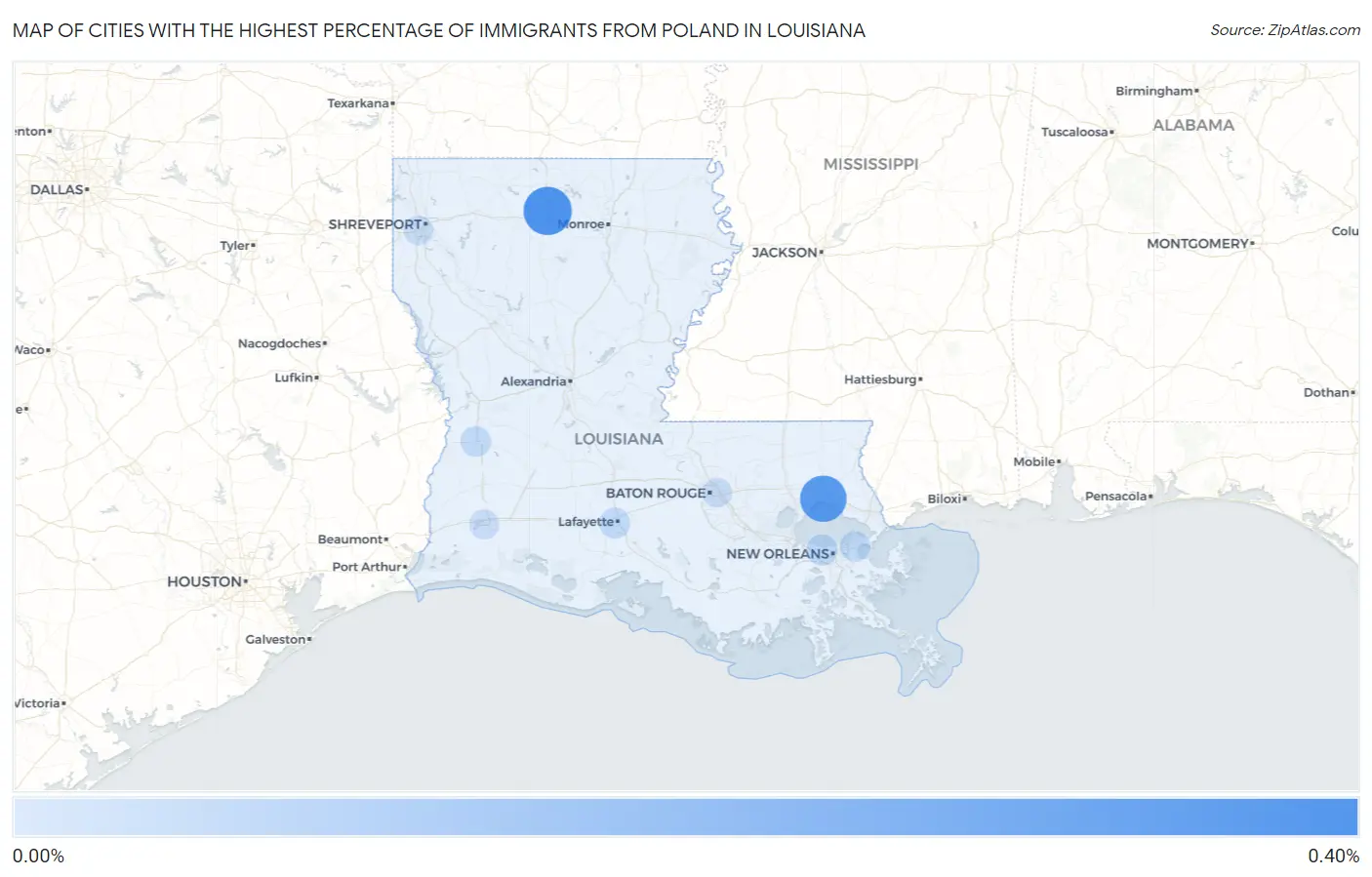 Cities with the Highest Percentage of Immigrants from Poland in Louisiana Map
