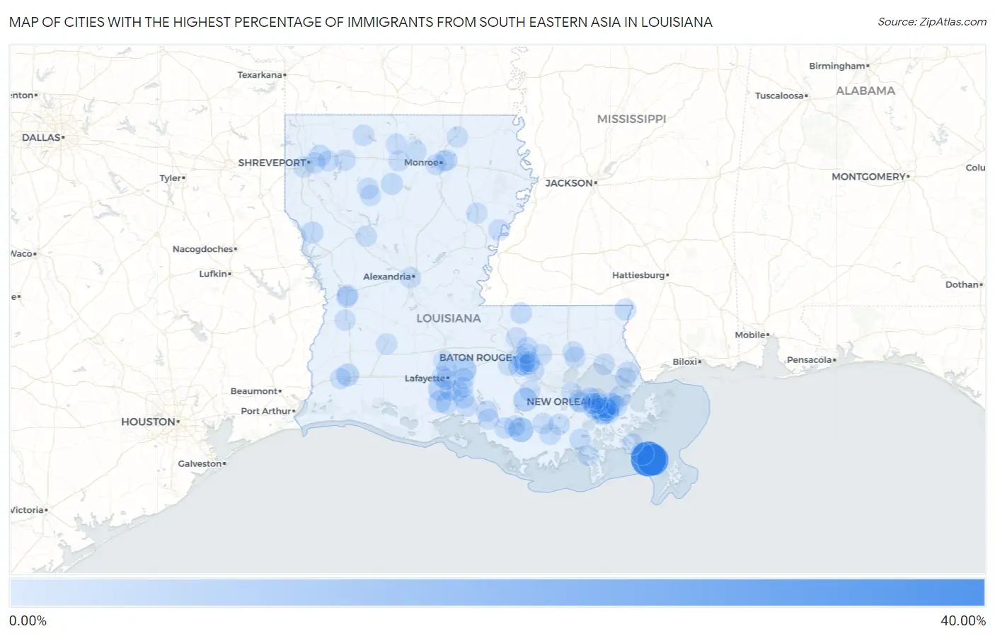 Cities with the Highest Percentage of Immigrants from South Eastern Asia in Louisiana Map