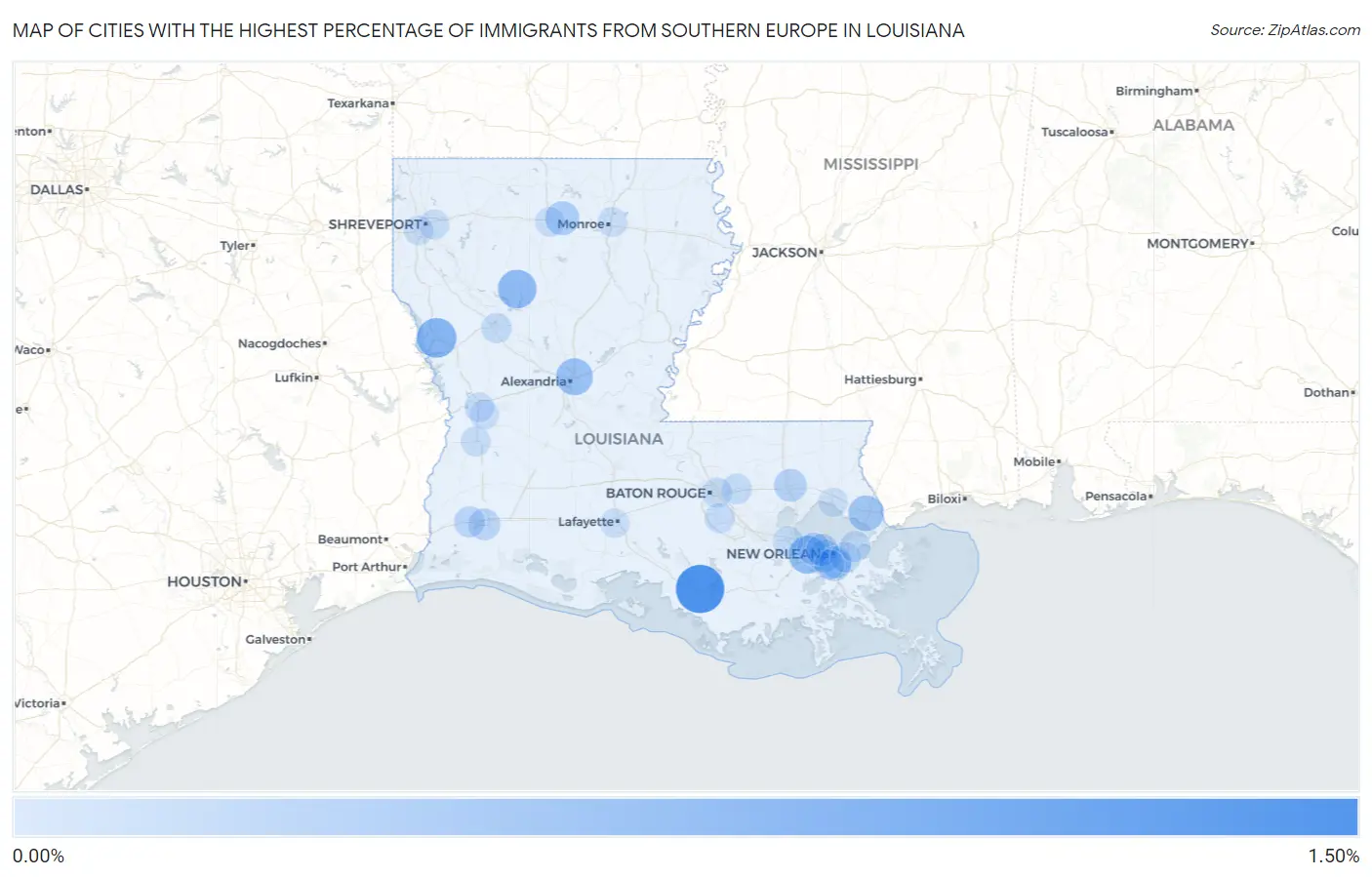 Cities with the Highest Percentage of Immigrants from Southern Europe in Louisiana Map