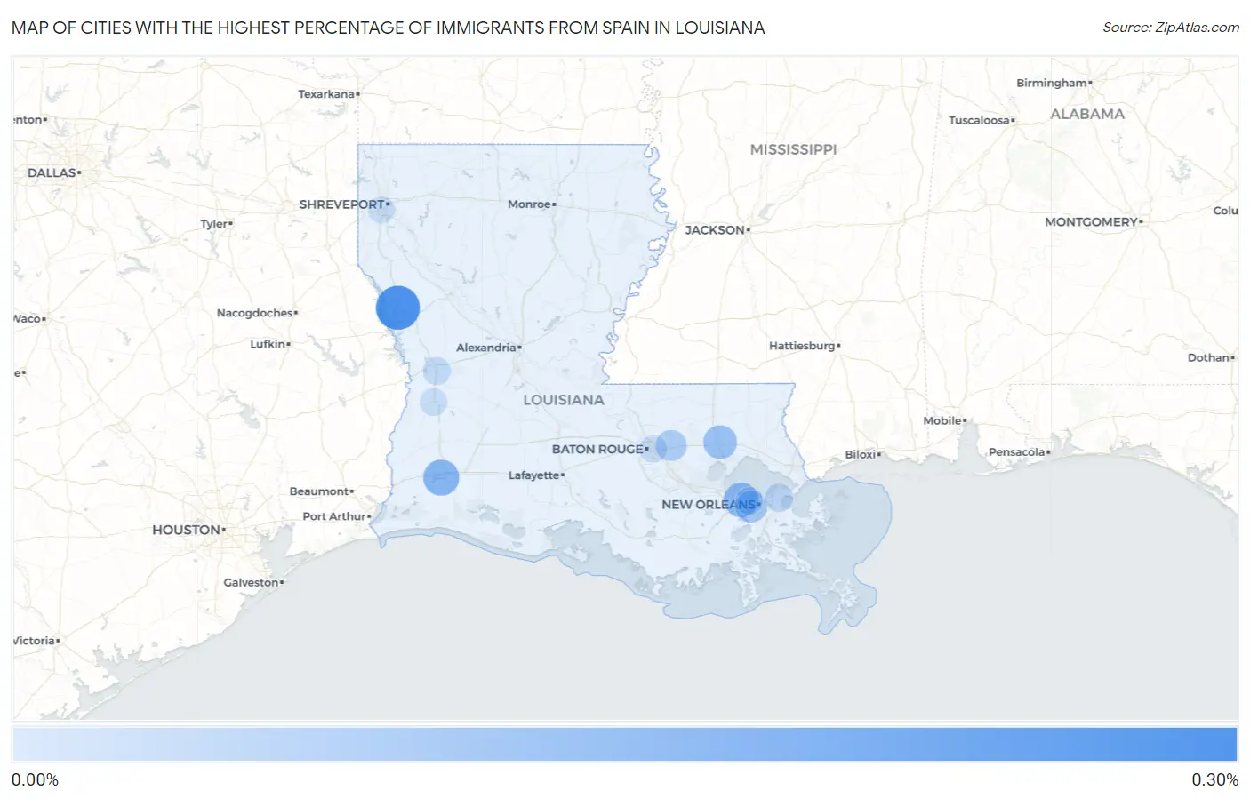 Cities with the Highest Percentage of Immigrants from Spain in Louisiana Map