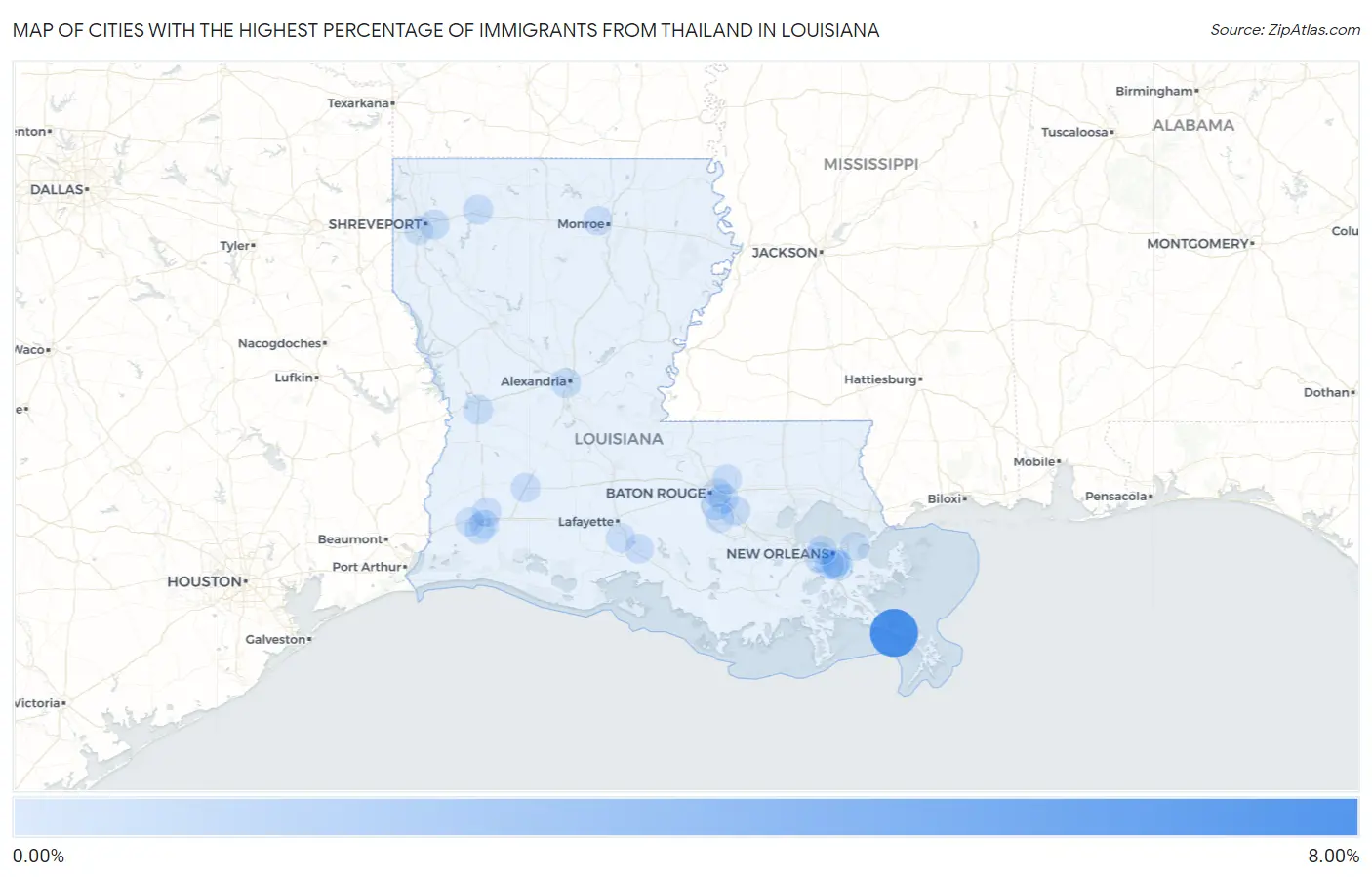 Cities with the Highest Percentage of Immigrants from Thailand in Louisiana Map