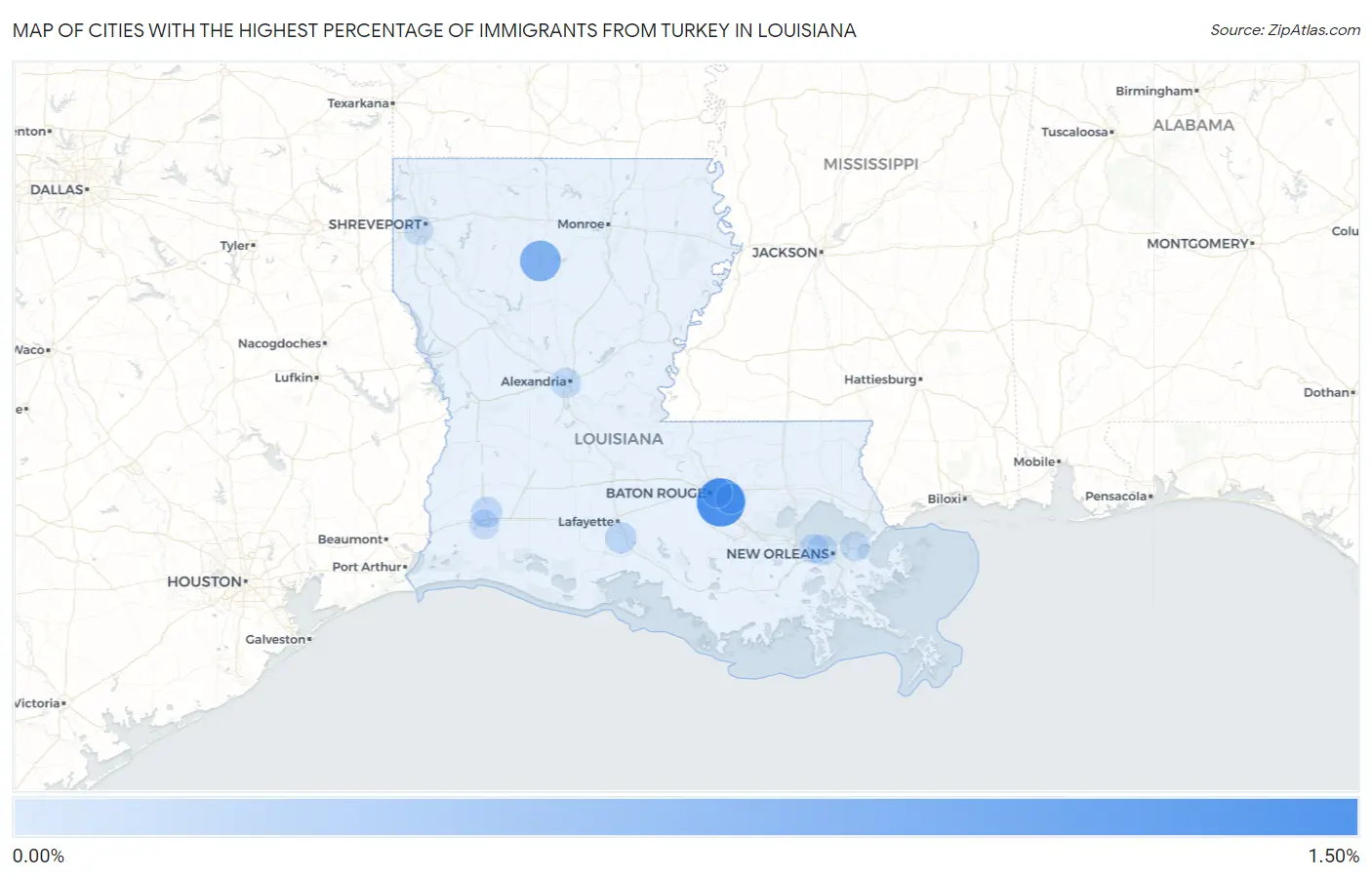 Cities with the Highest Percentage of Immigrants from Turkey in Louisiana Map