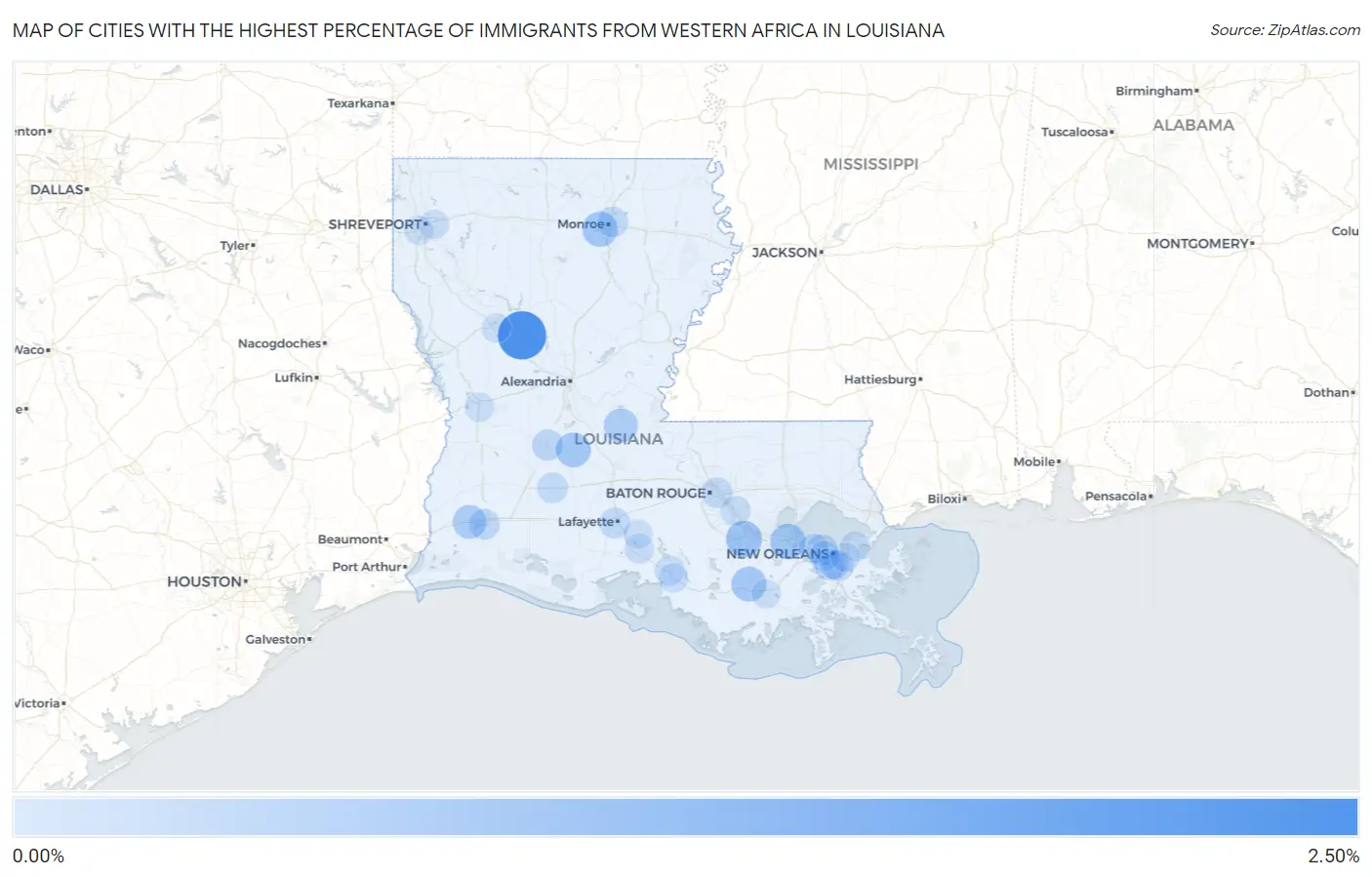 Cities with the Highest Percentage of Immigrants from Western Africa in Louisiana Map
