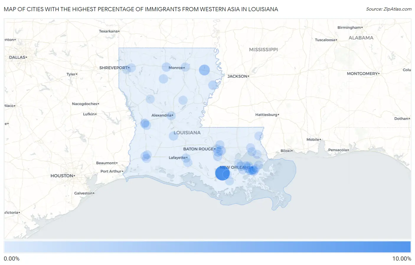Cities with the Highest Percentage of Immigrants from Western Asia in Louisiana Map