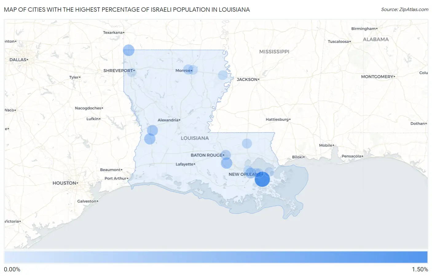 Cities with the Highest Percentage of Israeli Population in Louisiana Map