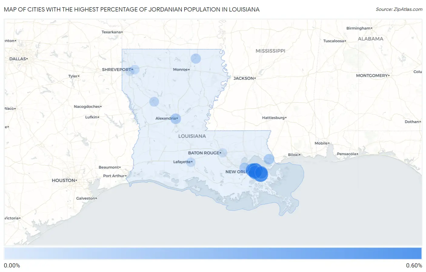 Cities with the Highest Percentage of Jordanian Population in Louisiana Map